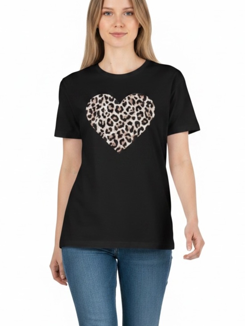 Black Short Sleeve Tee with Leopard Heart Graphic